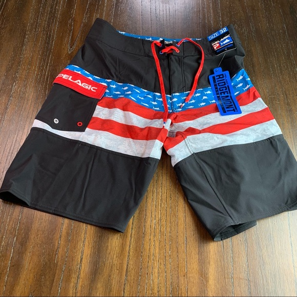 Pelagic Ridgemont Board Shorts 40 Black Fish Red Blue USA